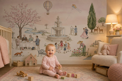 Hot Air Balloon Wallpaper Park Scene Cherry Blossom Wall Mural