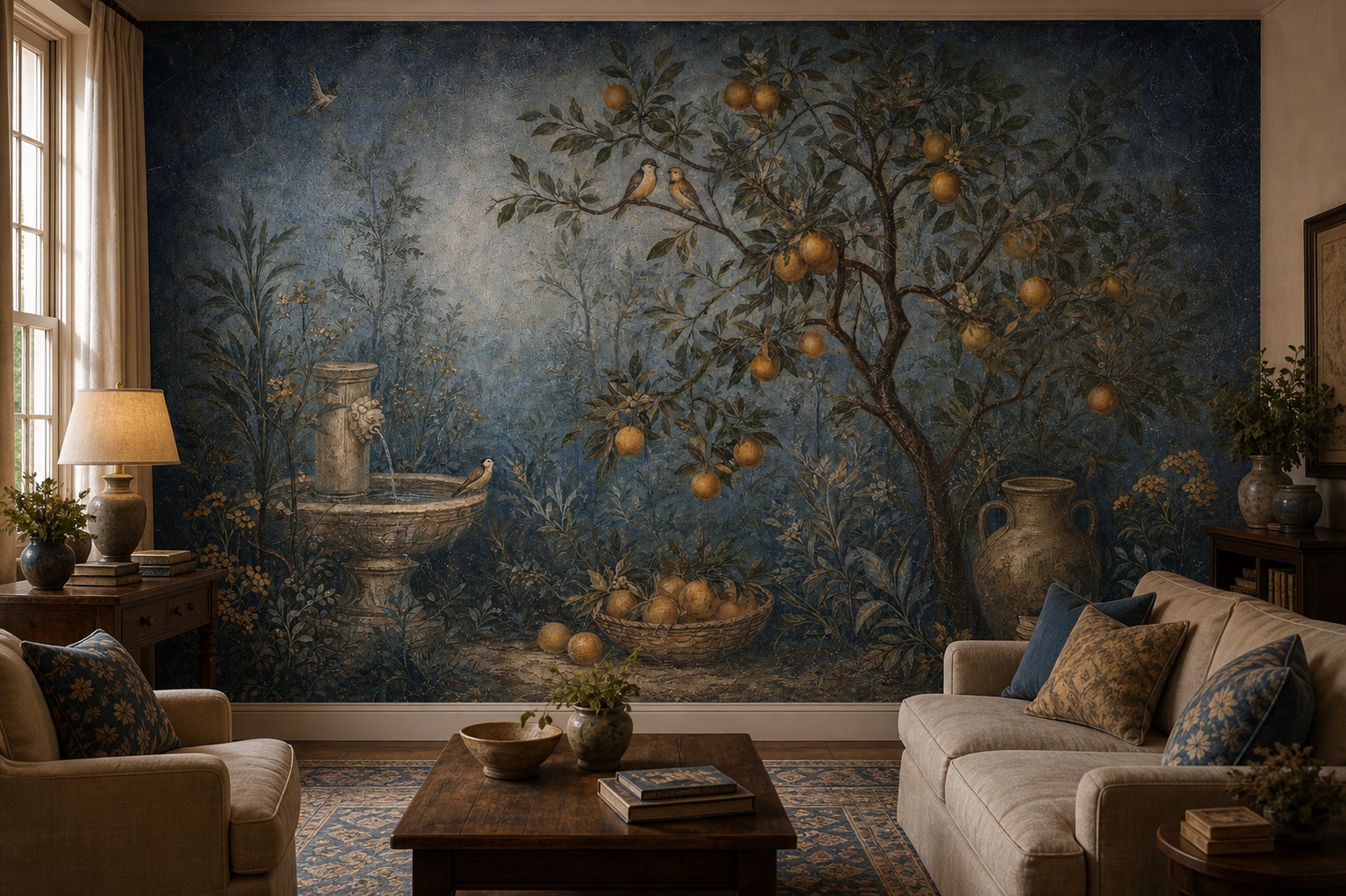 Vintage Fresco Wallpaper Mediterranean Garden Orange Tree Wall Mural