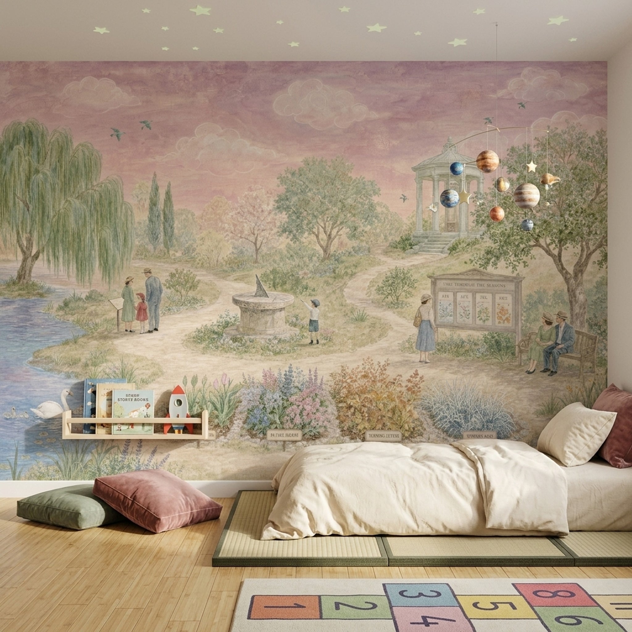Pastoral Landscape Wallpaper Garden Park Watercolor Illustration Wall Mural