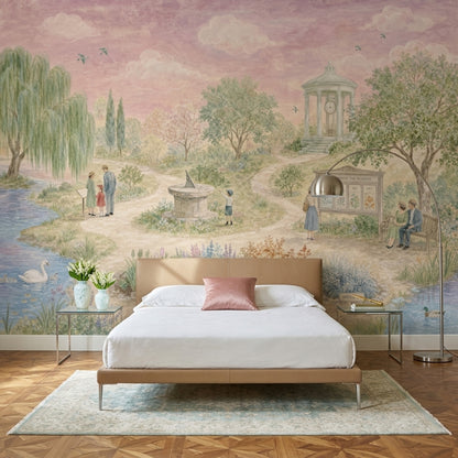 Pastoral Landscape Wallpaper Garden Park Watercolor Illustration Wall Mural