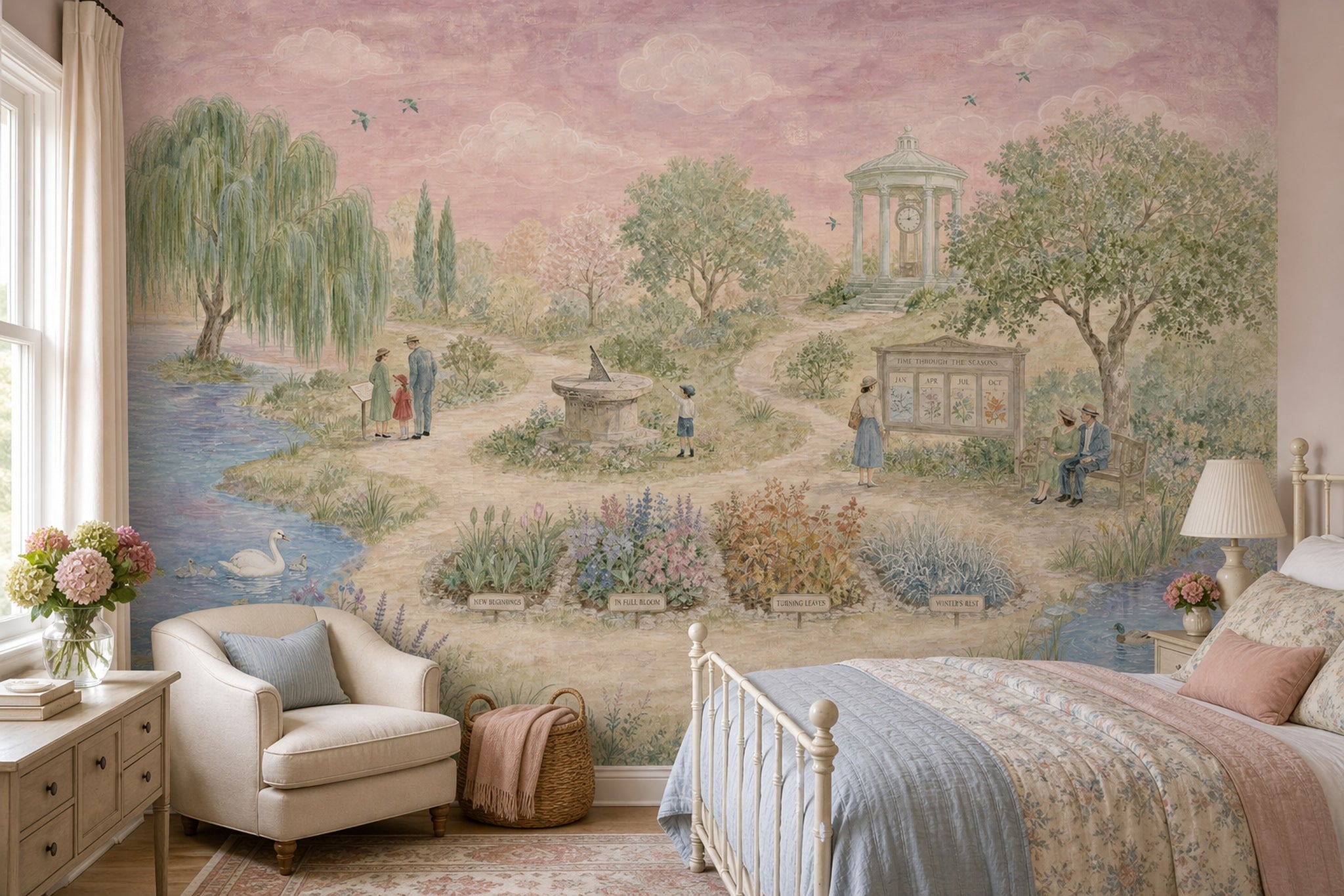 Pastoral Landscape Wallpaper Garden Park Watercolor Illustration Wall Mural