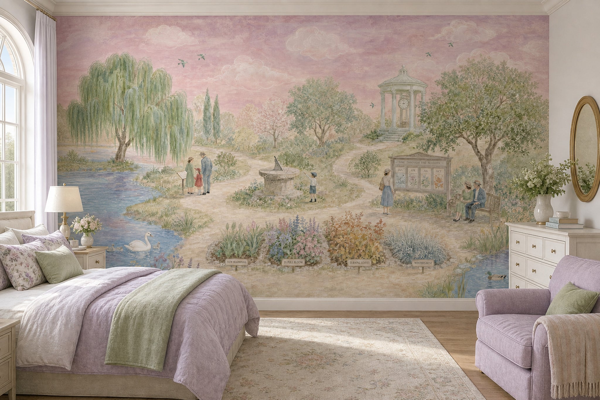 Pastoral Landscape Wallpaper Garden Park Watercolor Illustration Wall Mural