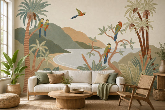 Tropical Landscape Wallpaper Parrots Vintage Mural Removable Wall Decor