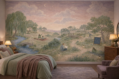 Pastoral Landscape Wallpaper Stargazing Removable Crescent Moon Wall Decor