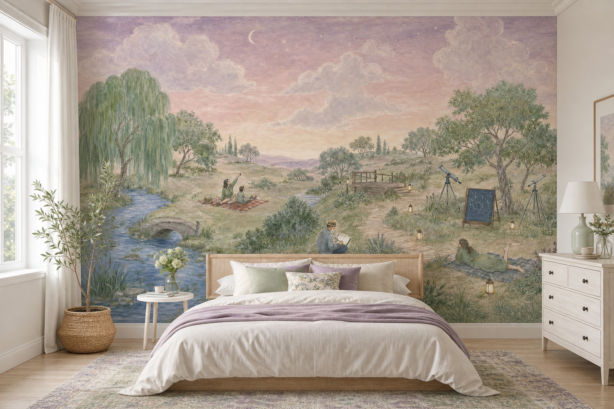 Pastoral Landscape Wallpaper Stargazing Removable Crescent Moon Wall Decor