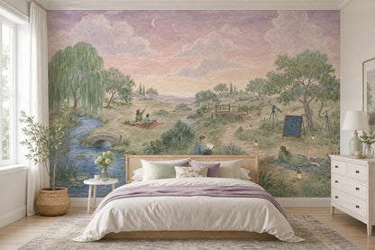 Pastoral Landscape Wallpaper Stargazing Removable Crescent Moon Wall Decor