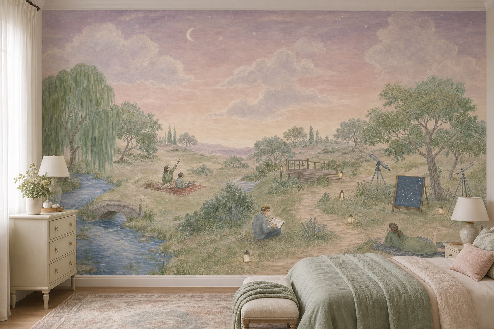 Pastoral Landscape Wallpaper Stargazing Removable Crescent Moon Wall Decor