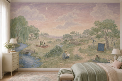 Pastoral Landscape Wallpaper Stargazing Removable Crescent Moon Wall Decor