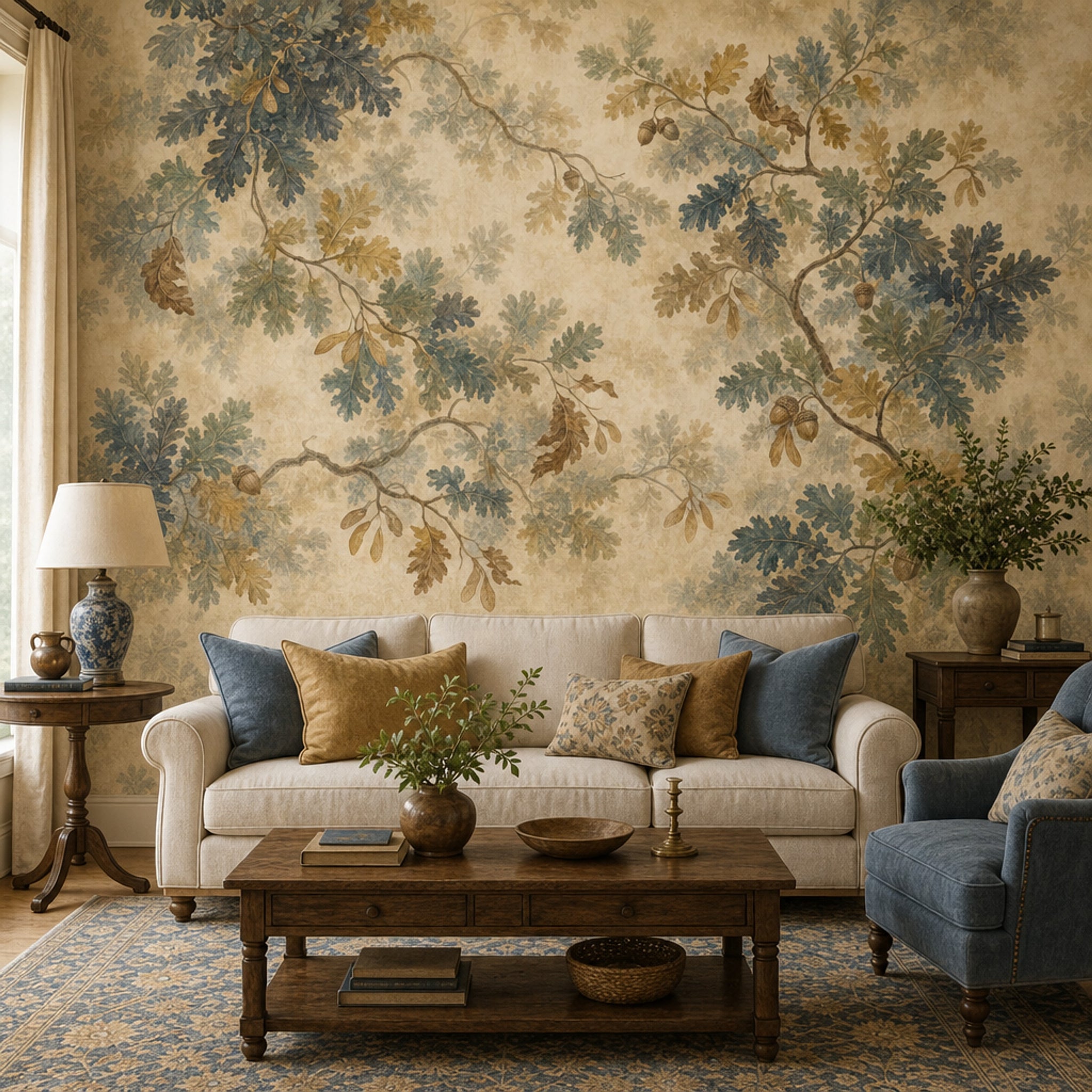 Oak Leaves Wallpaper Acorns Botanical Removable Wall Decor