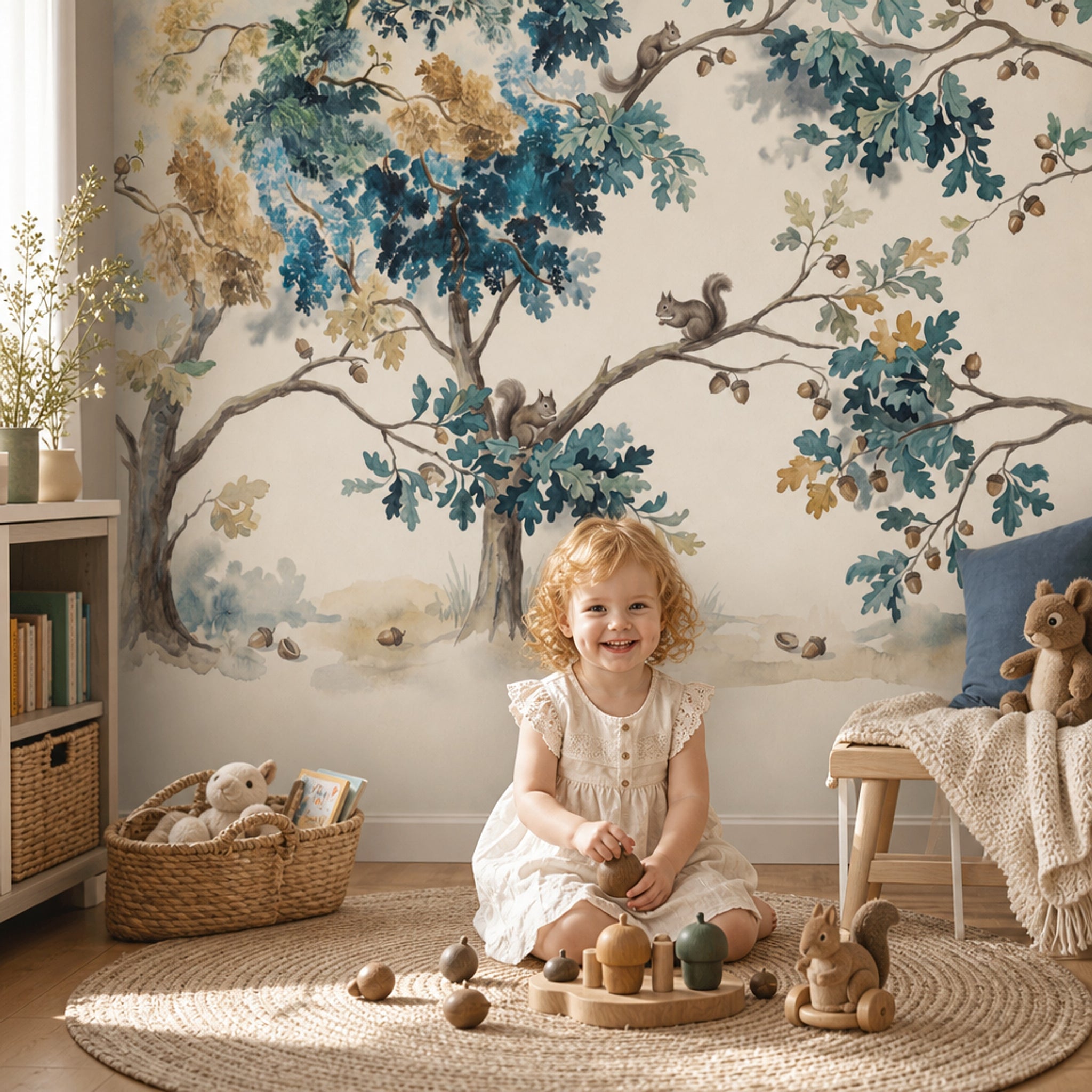 Watercolor Oak Trees Wallpaper Squirrels Nature Landscape Removable Wall Decor