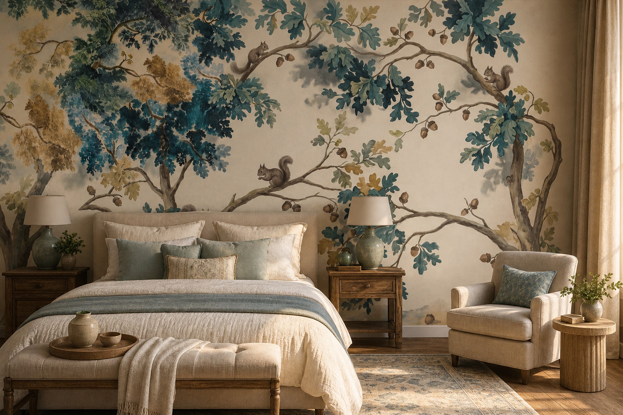 Watercolor Oak Trees Wallpaper Squirrels Nature Landscape Removable Wall Decor