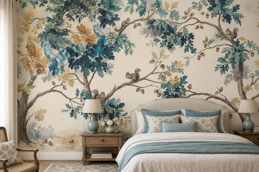 Watercolor Oak Trees Wallpaper Squirrels Nature Landscape Removable Wall Decor