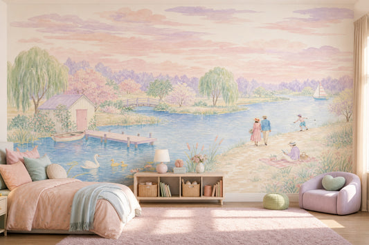 Pastel Watercolor Wallpaper Lakeside Landscape Cottage And Dock Removable Wall Decor