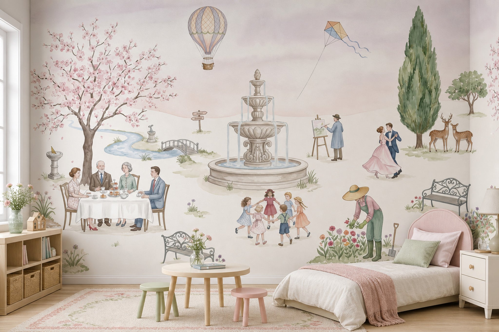 Hot Air Balloon Wallpaper Park Scene Cherry Blossom Wall Mural