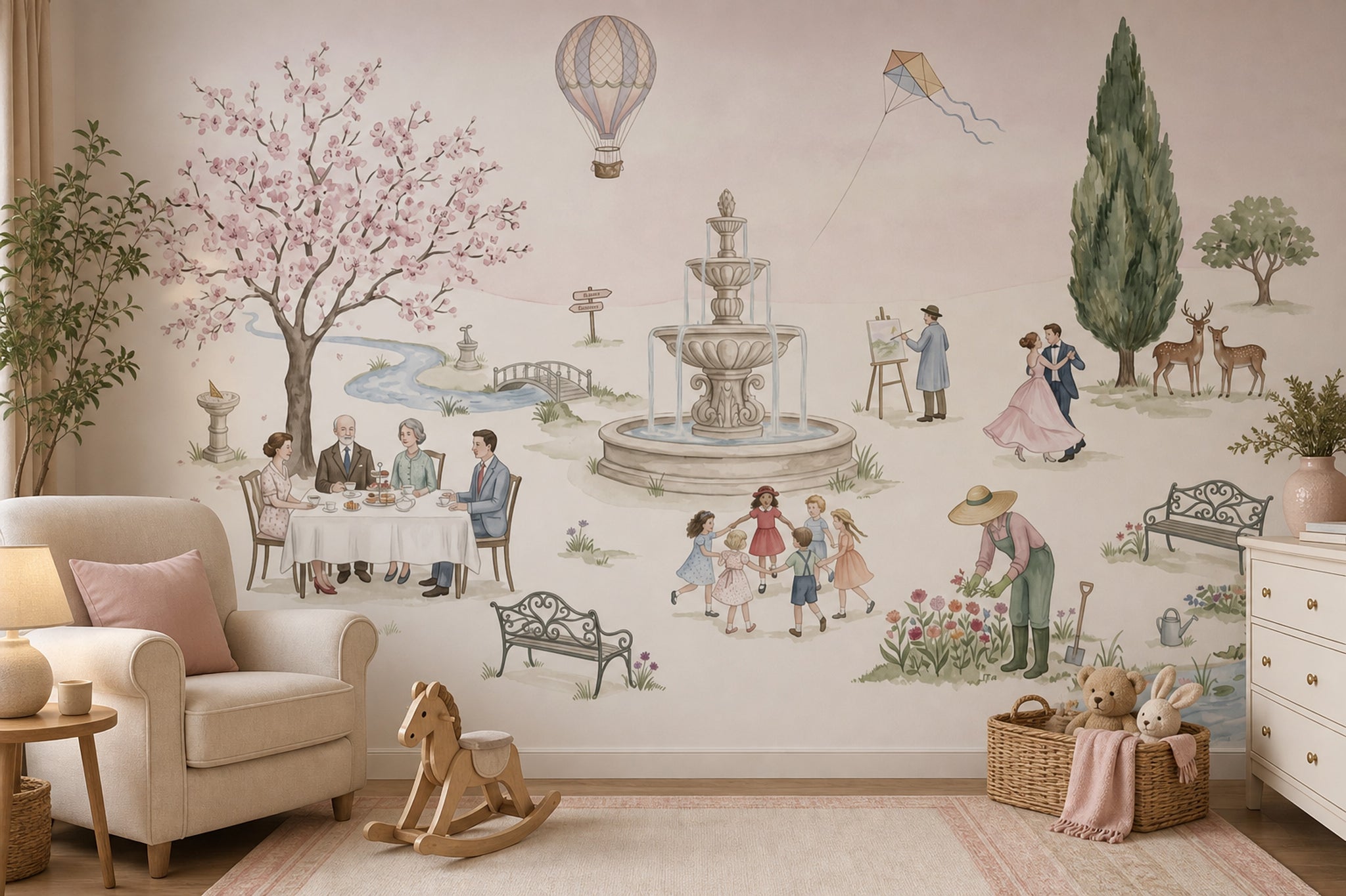 Hot Air Balloon Wallpaper Park Scene Cherry Blossom Wall Mural