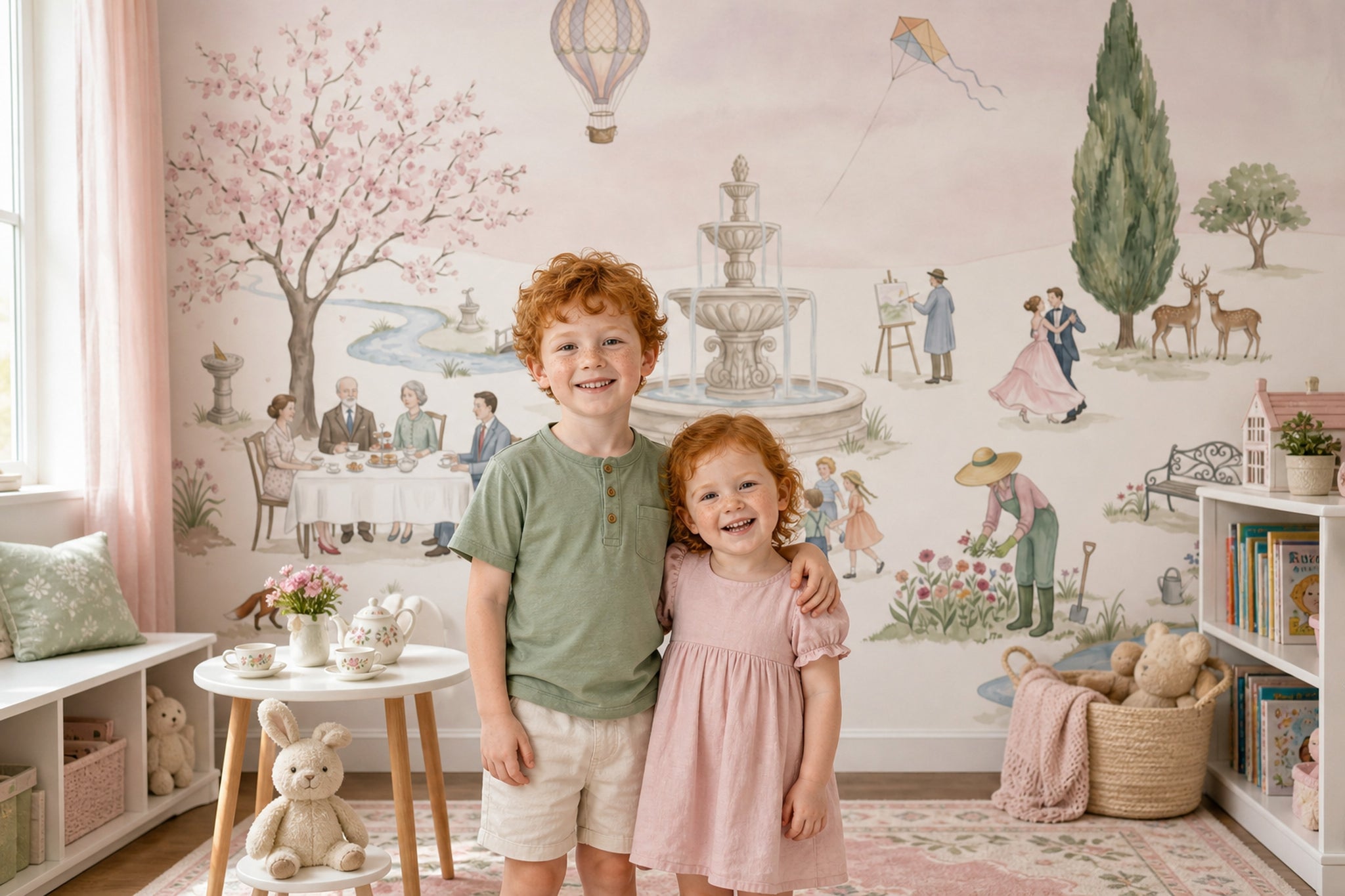 Hot Air Balloon Wallpaper Park Scene Cherry Blossom Wall Mural