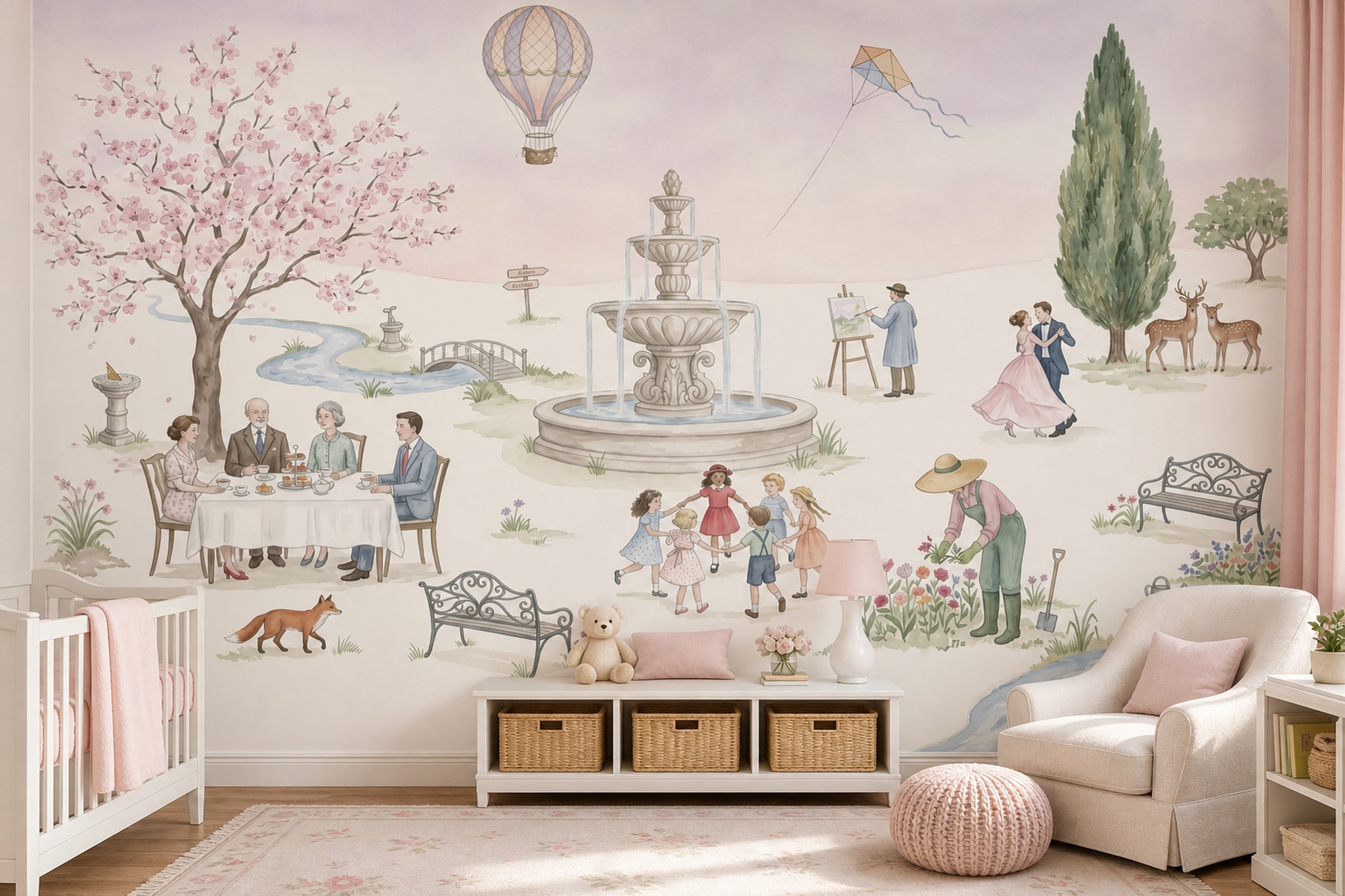 Hot Air Balloon Wallpaper Park Scene Cherry Blossom Wall Mural