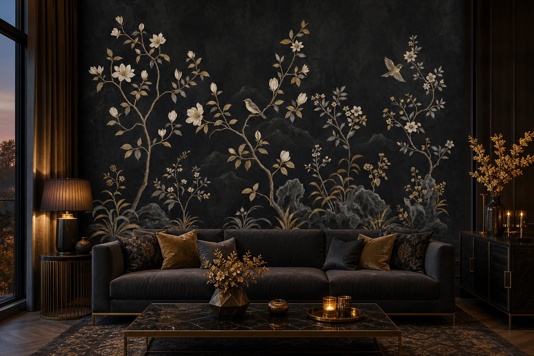 Dark Floral Wallpaper Botanical Chinoiserie Removable Wall Decor