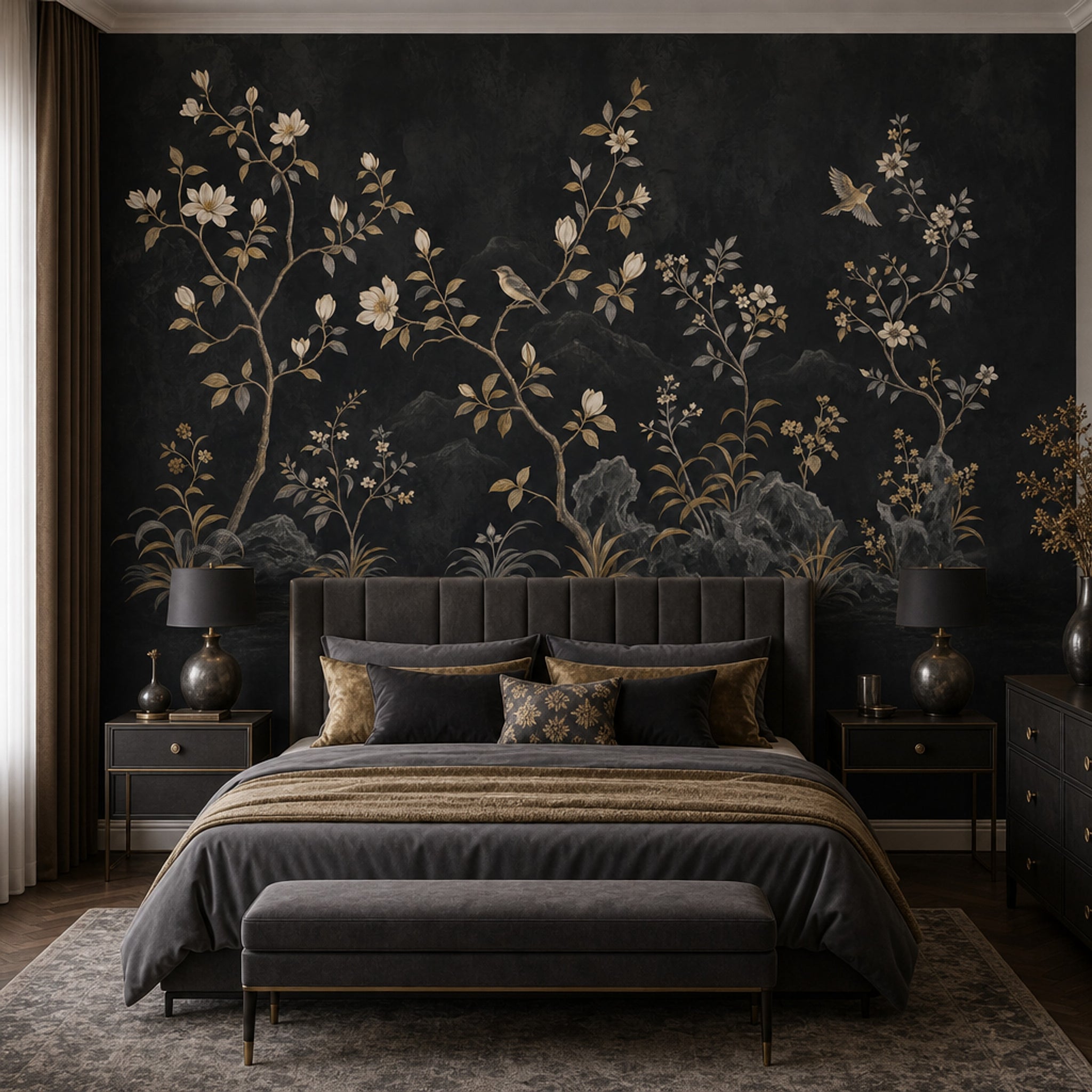Dark Floral Wallpaper Botanical Chinoiserie Removable Wall Decor