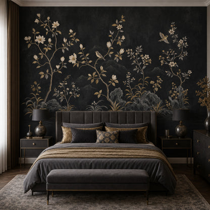 Dark Floral Wallpaper Botanical Chinoiserie Removable Wall Decor