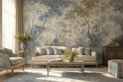 Pastoral Landscape Wallpaper Woodland Trees Misty Background Removable Wall Decor