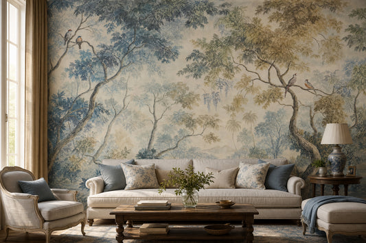 Pastoral Landscape Wallpaper Woodland Trees Misty Background Removable Wall Decor