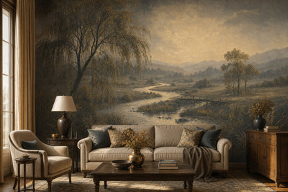 Wooden Bridge Wallpaper Misty Valley Sepia Tones Wall Mural