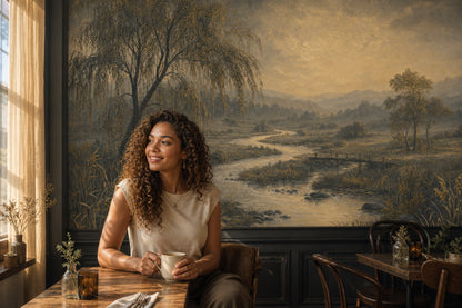 Wooden Bridge Wallpaper Misty Valley Sepia Tones Wall Mural