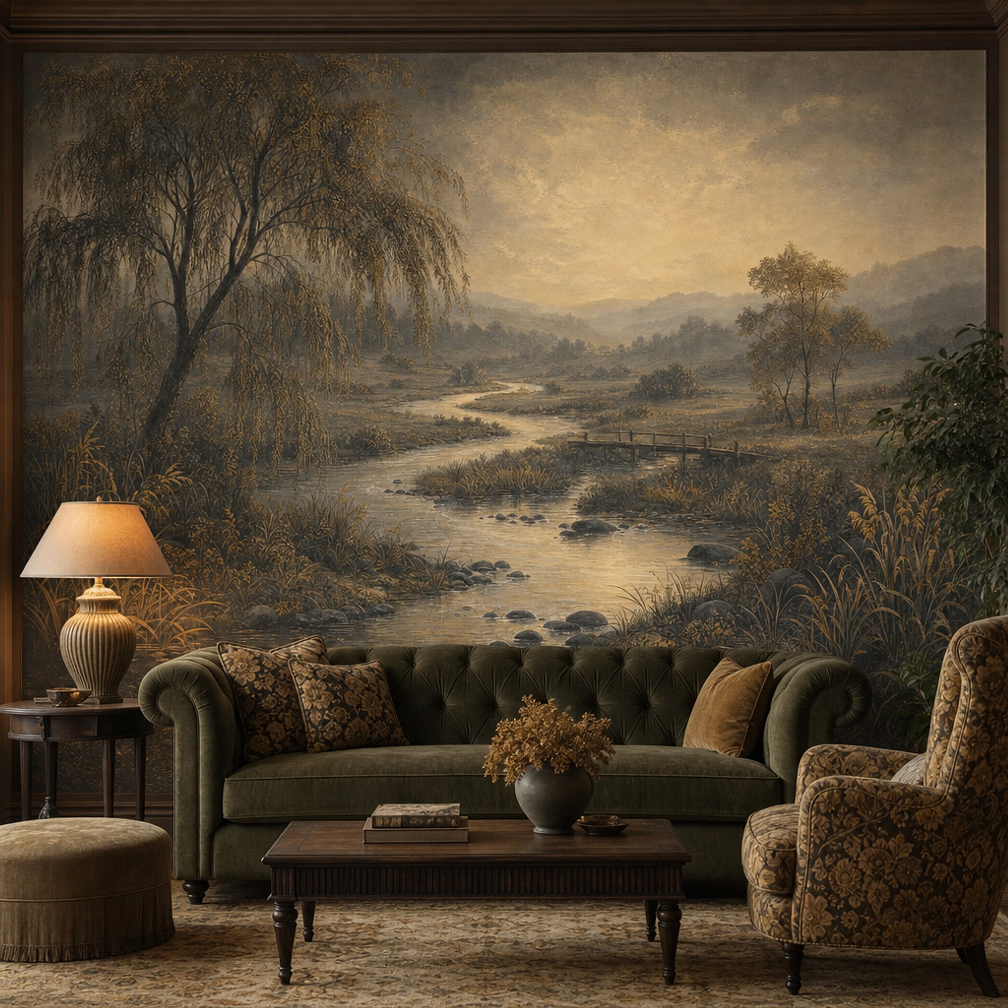 Wooden Bridge Wallpaper Misty Valley Sepia Tones Wall Mural