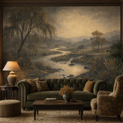 Wooden Bridge Wallpaper Misty Valley Sepia Tones Wall Mural