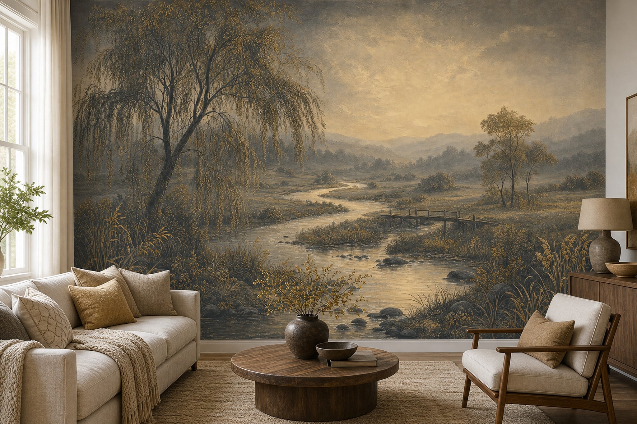 Wooden Bridge Wallpaper Misty Valley Sepia Tones Wall Mural