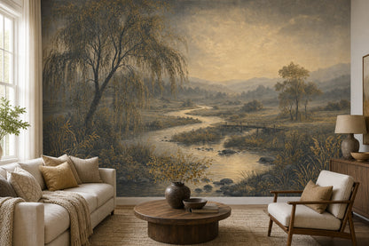 Wooden Bridge Wallpaper Misty Valley Sepia Tones Wall Mural