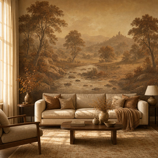 Vintage Landscape Wallpaper Sepia Removable River Stream Wall Decor
