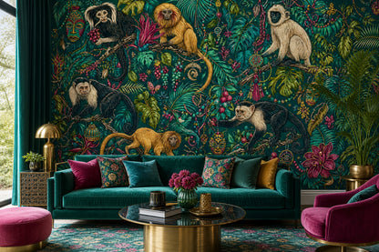 Tropical Jungle Wallpaper Dark Teal Monkeys Removable Wall Decor
