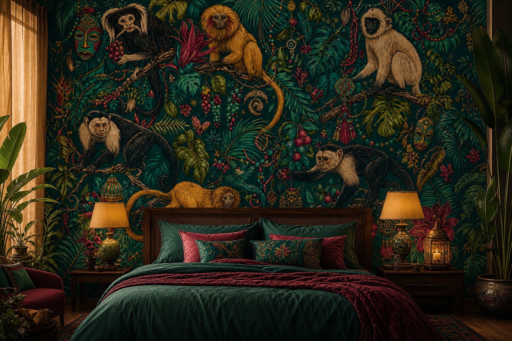 Tropical Jungle Wallpaper Dark Teal Monkeys Removable Wall Decor
