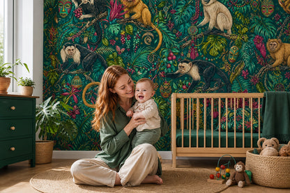 Tropical Jungle Wallpaper Dark Teal Monkeys Removable Wall Decor