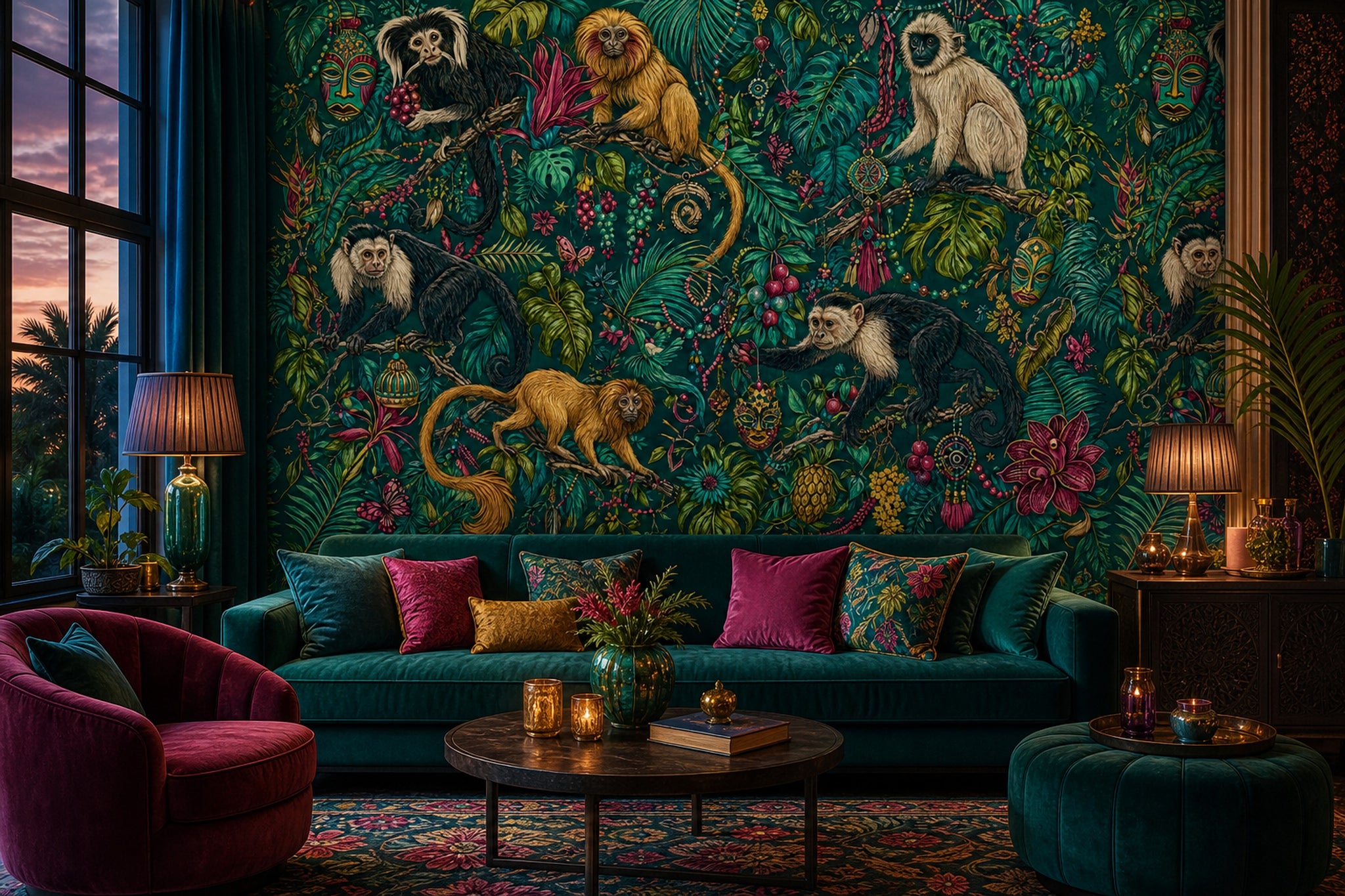 Tropical Jungle Wallpaper Dark Teal Monkeys Removable Wall Decor