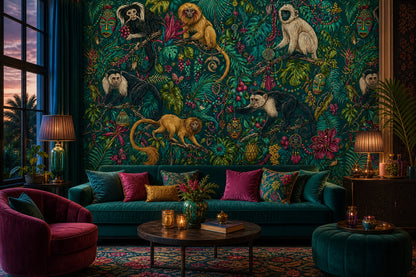Tropical Jungle Wallpaper Dark Teal Monkeys Removable Wall Decor
