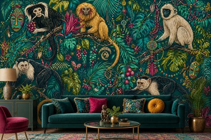 Tropical Jungle Wallpaper Dark Teal Monkeys Removable Wall Decor