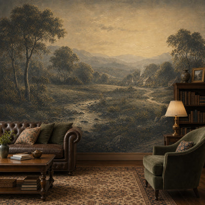 Vintage Landscape Wallpaper Rustic Countryside Sepia Tones Wall Mural
