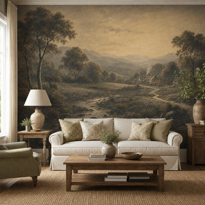 Vintage Landscape Wallpaper Rustic Countryside Sepia Tones Wall Mural