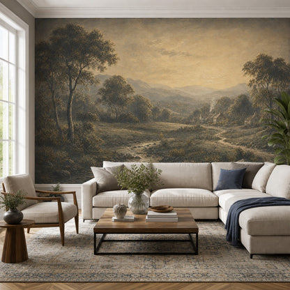 Vintage Landscape Wallpaper Rustic Countryside Sepia Tones Wall Mural