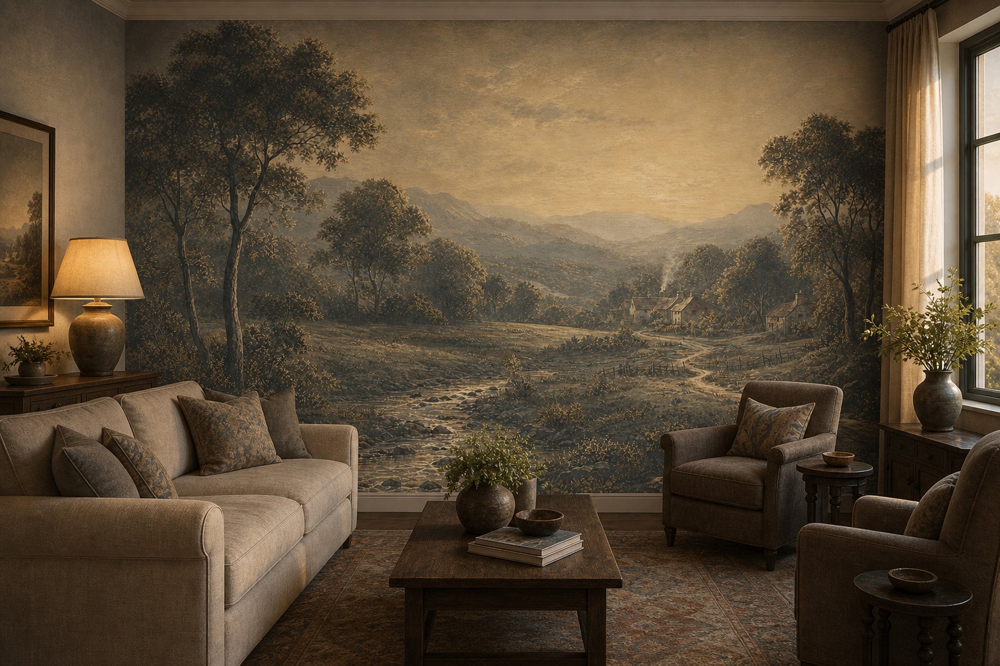 Vintage Landscape Wallpaper Rustic Countryside Sepia Tones Wall Mural