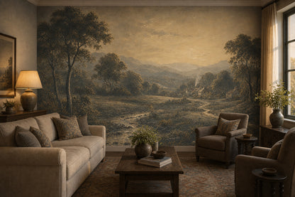 Vintage Landscape Wallpaper Rustic Countryside Sepia Tones Wall Mural