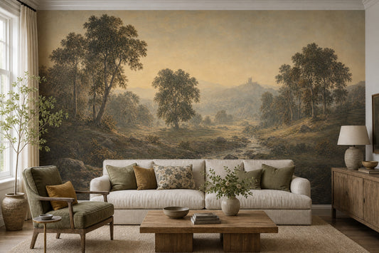 Pastoral Landscape Wallpaper Vintage Painting River Stream Removable Wall Decor