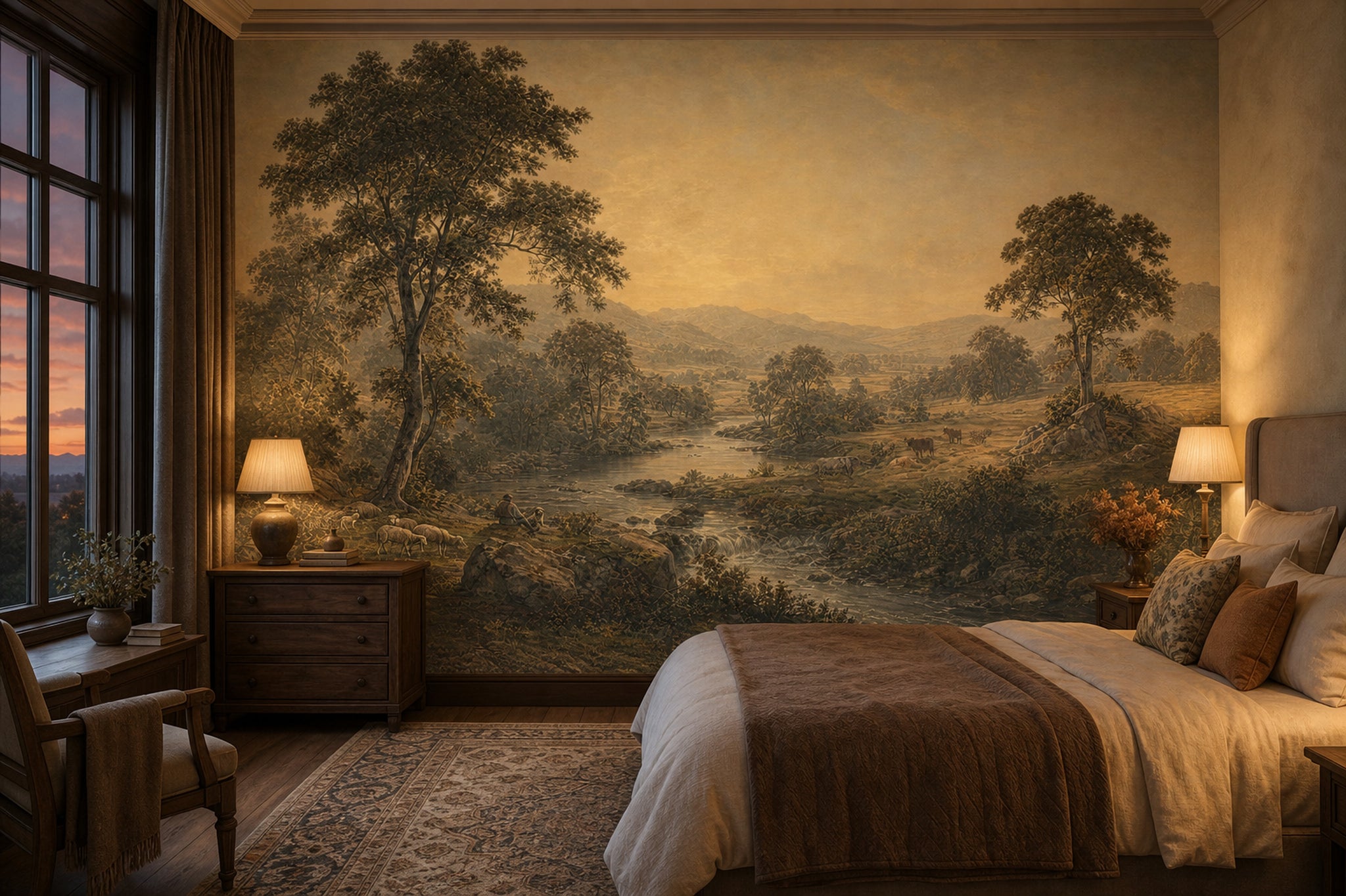 Pastoral Landscape Wallpaper River Valley Removable Golden Sky Wall Decor
