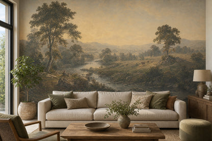 Pastoral Landscape Wallpaper River Valley Removable Golden Sky Wall Decor