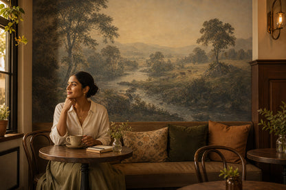 Pastoral Landscape Wallpaper River Valley Removable Golden Sky Wall Decor
