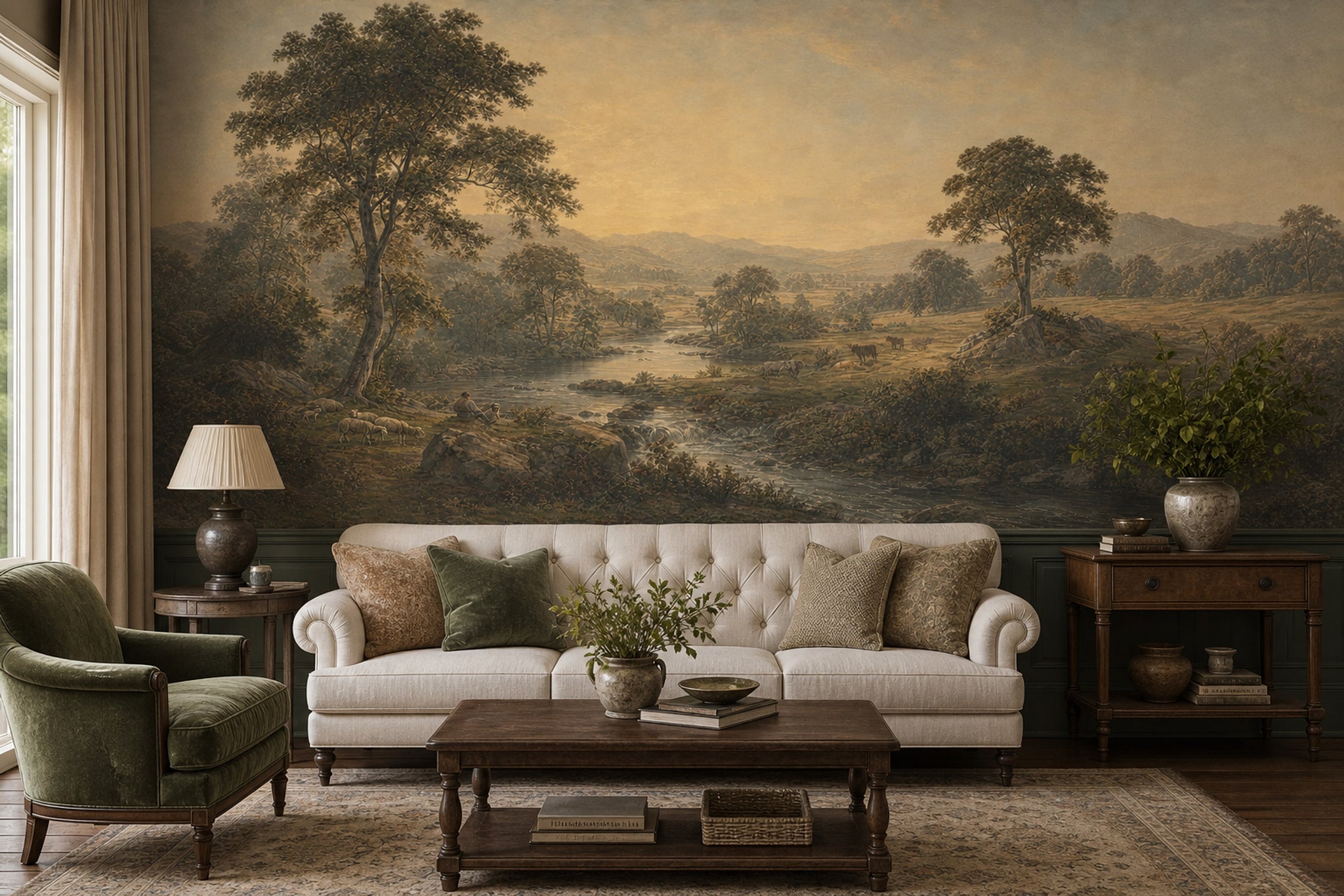 Pastoral Landscape Wallpaper River Valley Removable Golden Sky Wall Decor