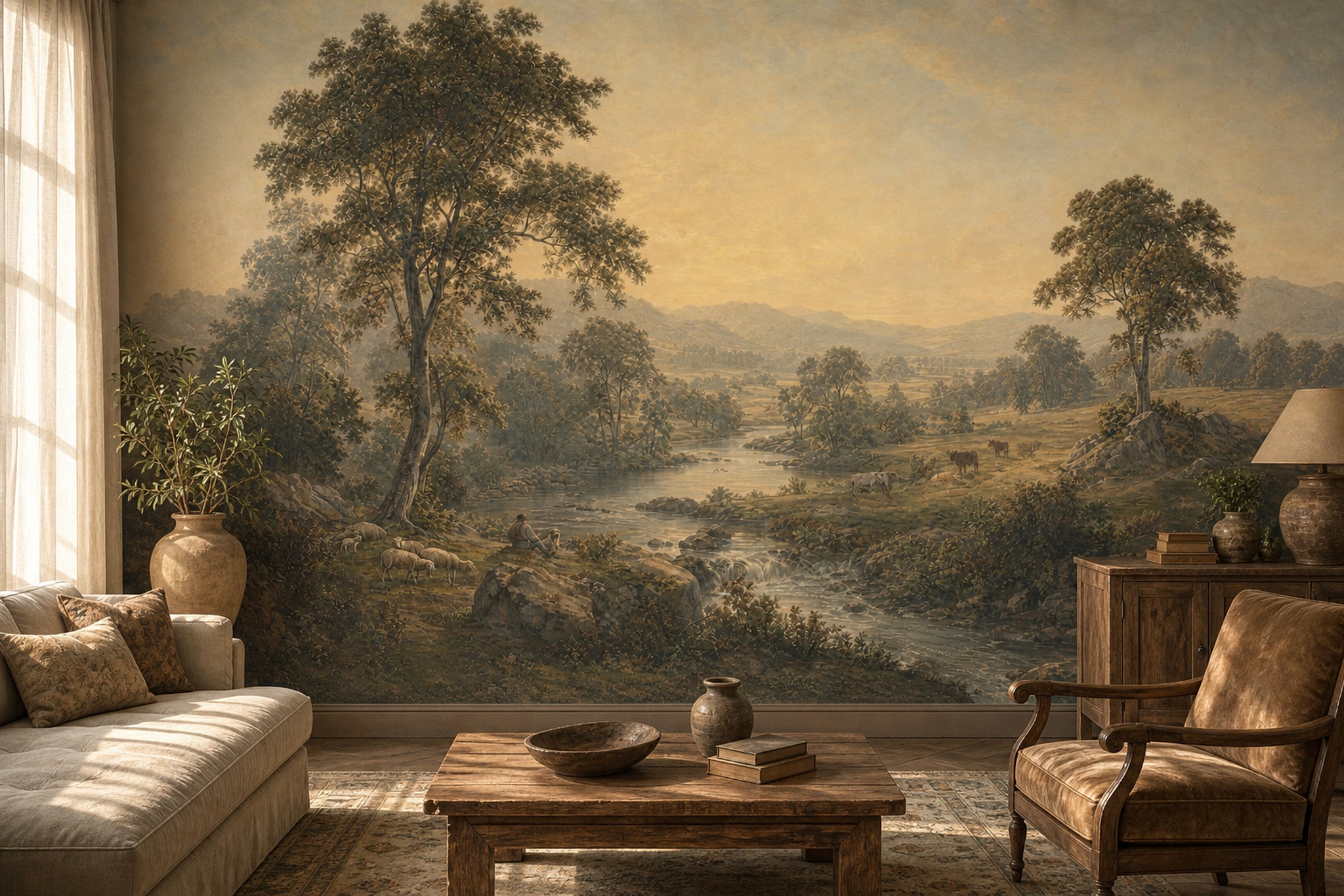 Pastoral Landscape Wallpaper River Valley Removable Golden Sky Wall Decor